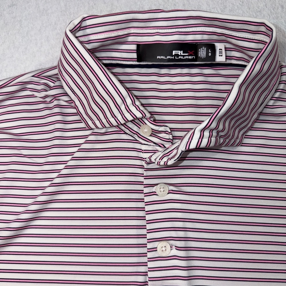 RLX Ralph Lauren Shirt Mens L Pink Short‎ Sleeve Striped Polo Golf Performance
